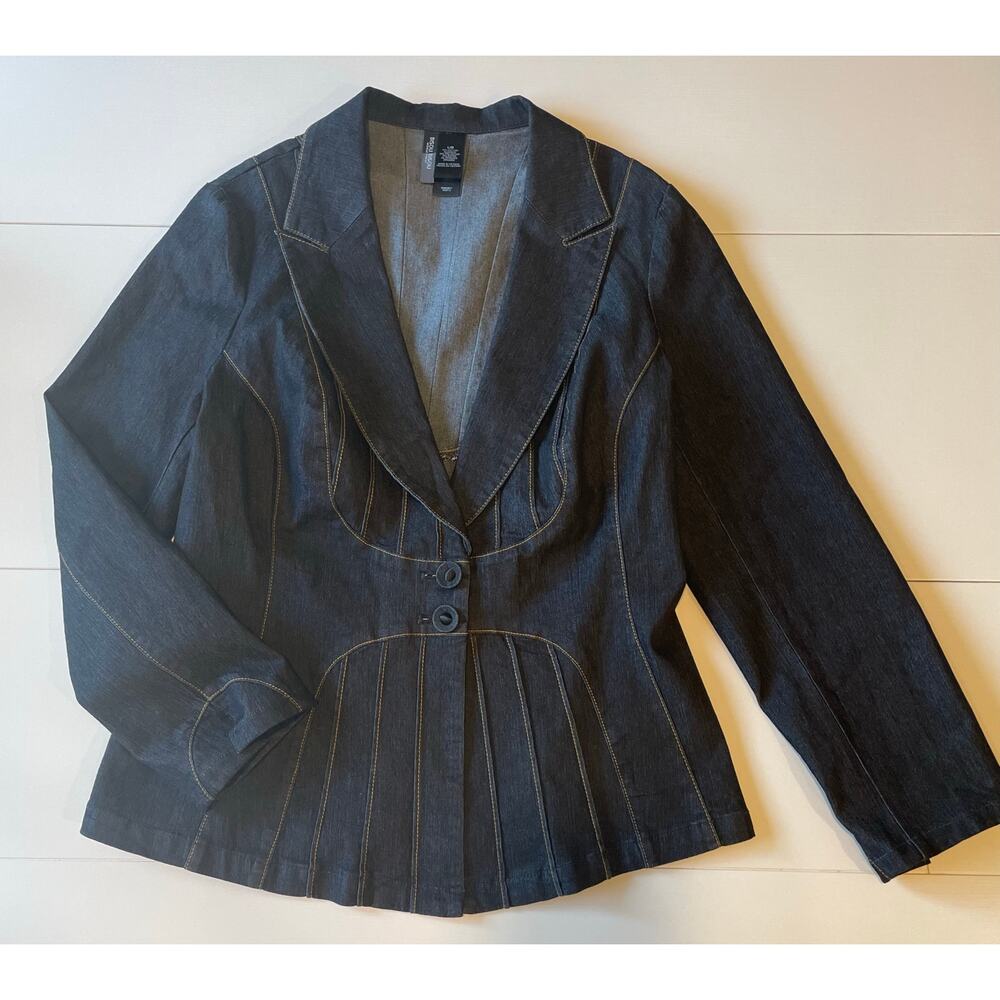 Bisou Bisou Blue Denim Blazer Jacket Sz L Contrast Stitching Pintucks Stretch - Picture 7 of 10